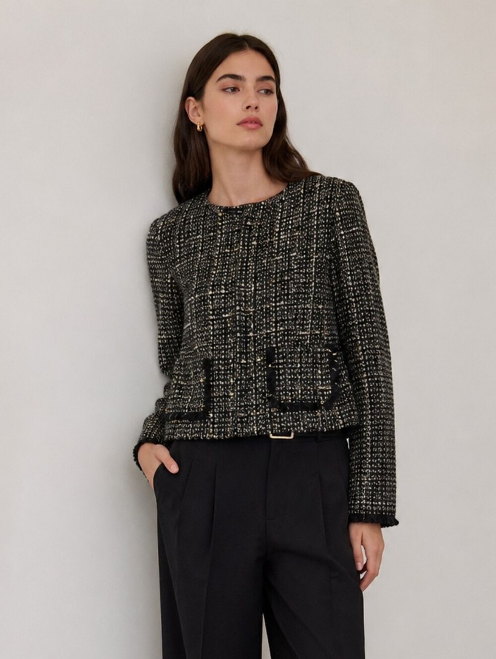 Cynthia Max Black Tweed Collarless Cropped Jacket zip-up Old Money French Girl